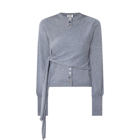 Damson Madder Venna Tie-Waist Wrap Cardigan in grey, lightweight knit, crew neck, wrap front with button fastenings and tie waist