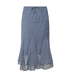 Damson Madder Willow Sheer Gingham Skirt in blue-grey, elasticated tie waist, godet panels and fluted hem