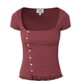Damson Madder Posie Asymmetric Buttoned T-Shirt in burgundy rib jersey, square neckline, short sleeves, shell buttons, lettuce frill hem