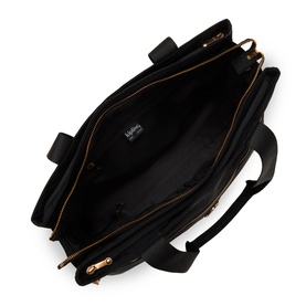 Black tote bag with open top view showing interior compartments, zip pockets, and gold-tone hardware with adjustable shoulder strap.