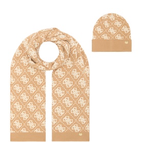 Guess Taupe Multi logo-jacquard knit scarf and beanie hat set with gold-tone logo charm detail