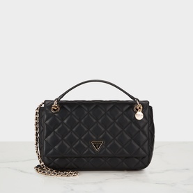 Guess black quilted crossbody bag with gold-tone chain strap, top handle, and triangle logo hardware