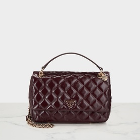Guess burgundy quilted crossbody bag with gold-tone hardware, top handle, and chain shoulder strap