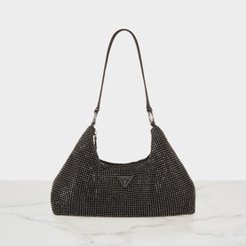 Guess black crystal-embellished hobo bag with single shoulder strap and silver-tone triangle logo hardware