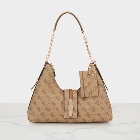 Guess Hobo bag in Latte Logo print, gold chain and top handle, front zip pocket with logo tab, gold-tone hardware