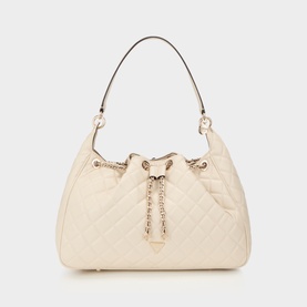 Guess Hobo bag in bone, quilted finish with gold-tone chain drawstring detail and single top handle