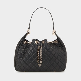Guess black quilted hobo bag with gold-tone chain drawstring detail and single top handle, front triangle logo charm