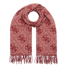Guess Cinnamon Logo scarf in pink with all-over red 4G logo pattern and fringed ends, coiled to show full length