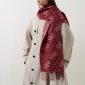 Model with Guess Nolana 4G Logo Scarf in Cinnamon Logo, all-over 4G pattern with fringed edging, styled over cream coat