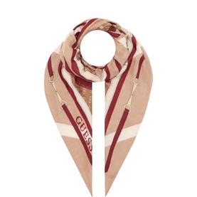 Guess scarf in Ginger Logo, beige and burgundy stripe and chain print, diamond-folded flat lay, 100% polyester