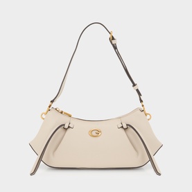 Guess bone shoulder bag with gold-tone G logo hardware, adjustable strap and contrast dark trim detailing