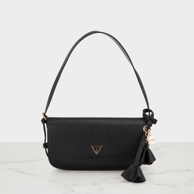Guess black shoulder bag with gold triangle logo, tassel charm, single strap, and fold-over flap closure