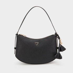 Guess black shoulder bag with gold-tone triangle logo, zip top, tassel side ties, and single top handle