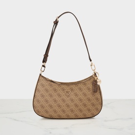 Guess shoulder bag in Latte Logo/Brown with all-over monogram print, gold-tone hardware, and adjustable strap with charm detail.