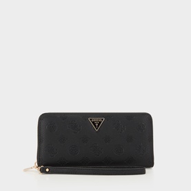 Guess Small Wallet in Black Logo, zip-around style with all-over monogram print and gold-tone triangle logo hardware with wrist strap