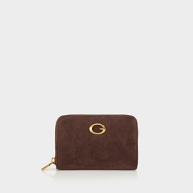 Guess small wallet in espresso suede-effect with gold-tone G logo hardware and zip-around closure