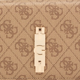 Guess small wallet in latte logo coated canvas with gold-tone G clasp closure, signature quatrefoil pattern