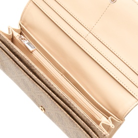 Guess Small Wallet in Latte Logo, open interior view showing card slots, zip compartment and smooth pale beige lining with gold-tone hardware detail.