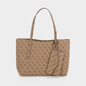 Guess Latte Logo tote bag with allover monogram print, twin shoulder straps, gold-tone hardware, and matching pouch