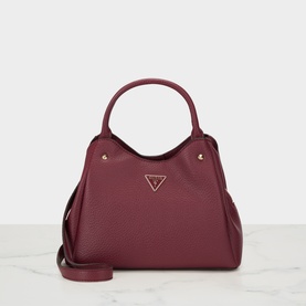 Guess merlot tote bag with gold triangle logo, top handles, and detachable crossbody strap. Pebbled finish polyurethane.