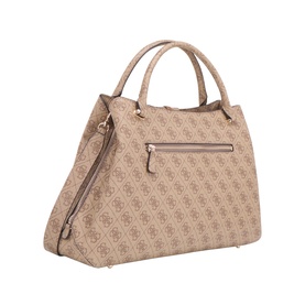 Guess Latte Logo tote bag in monogram print with dual top handles, front zip pocket, and gold-tone hardware with detachable strap