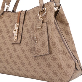 Guess Tote in latte logo print with gold-tone hardware, zip side pocket, and matching logo charm tag