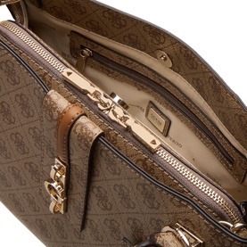 Guess Latte Logo Tote open interior view showing zip pocket, beige lining, and gold-tone chain detail