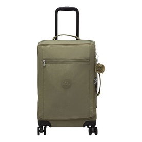 Kipling small khaki green soft-shell spinner suitcase with extendable handle, zip pockets, and signature monkey keyring