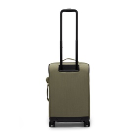 Olive green hard-shell cabin suitcase, rear view showing extended telescopic handle and four spinner wheels with black hardware.