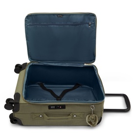 Olive green carry-on suitcase open, showing teal interior lining, compression straps, and TSA combination lock, on four spinner wheels.