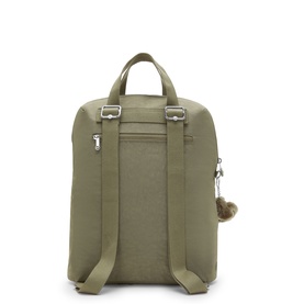 Kipling Almost Sage green backpack, rear view, silver-tone zips and hardware, adjustable straps, brown monkey keychain charm.