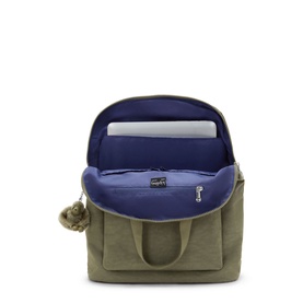 Kipling Almost Sage green backpack open to reveal blue fabric lining, laptop compartment and interior zip pocket.