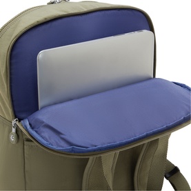 Olive green backpack with open main compartment revealing blue lining and padded laptop sleeve holding a silver laptop