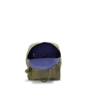 Kipling backpack in olive green, open top view revealing purple fabric lining and interior compartment