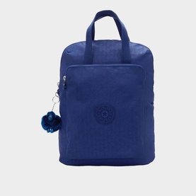Kipling blue nylon backpack with top carry handles, zip closure, embossed logo, and signature blue monkey keychain charm