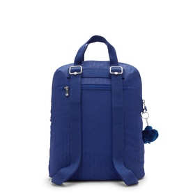 Kipling blue backpack rear view showing padded straps, top handle, silver hardware, and signature monkey keychain