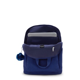 Kipling navy blue backpack open top view showing padded laptop compartment and interior zip pocket with signature blue monkey keyring