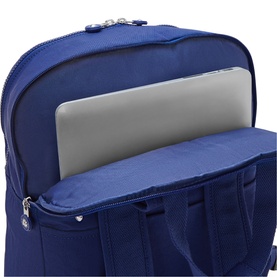 Navy blue backpack with open top compartment revealing padded laptop sleeve, silver zip hardware