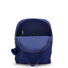 Kipling cobalt blue backpack, open view showing spacious interior with zip pocket and top carry handles