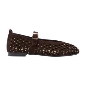Carl Scarpa Lousca Mary Jane Ballet Flats in brown suede with gold pinhead studs, cut-out detailing, and adjustable buckle strap