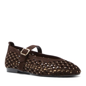 Carl Scarpa Lousca Mary Jane Ballet Flats in brown suede with woven cut-out detailing, gold pinhead studs, and adjustable gold-tone buckle strap