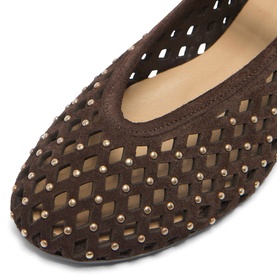 Carl Scarpa Lousca Mary Jane Ballet Flats in brown suede with woven cut-out detailing and gold pinhead stud embellishment