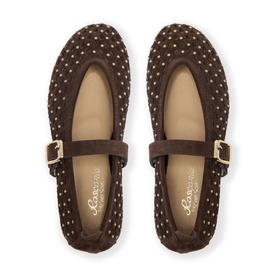 Carl Scarpa Lousca Mary Jane Ballet Flats in brown suede with gold pinhead stud embellishment, adjustable buckle strap, rounded toe, overhead view