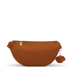 Kipling belt bag in Stylish Mokka tan, silver zip, pom-pom charm, adjustable strap, smooth fabric finish