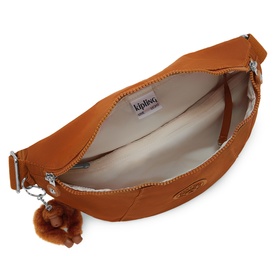 Kipling bag in Stylish Mokka open to show cream interior, silver zip hardware and signature monkey keyring charm.