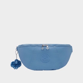 Kipling blue nylon belt bag with silver-tone zips, embossed logo, and signature blue pom-pom charm
