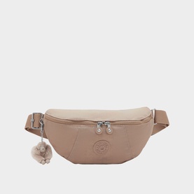 Kipling beige nylon belt bag with silver-tone zips, adjustable strap, and signature monkey keyring charm