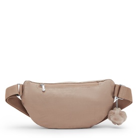 Kipling beige belt bag with silver-tone zip, adjustable strap, and signature monkey keychain charm