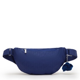 Kipling blue belt bag with silver-tone zip, adjustable waistband strap and signature monkey keychain charm, rear view