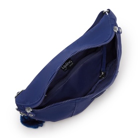 Kipling blue nylon crossbody bag, open to show blue interior lining, silver-tone zip hardware and signature monkey keychain